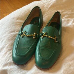 Boden Green Leather Loafers with Gold Accent